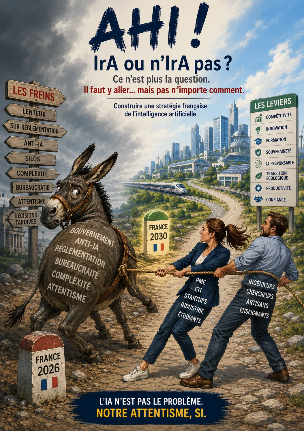Illustration AhI ! — L'âne des freins tiré vers la France 2030 par les leviers.